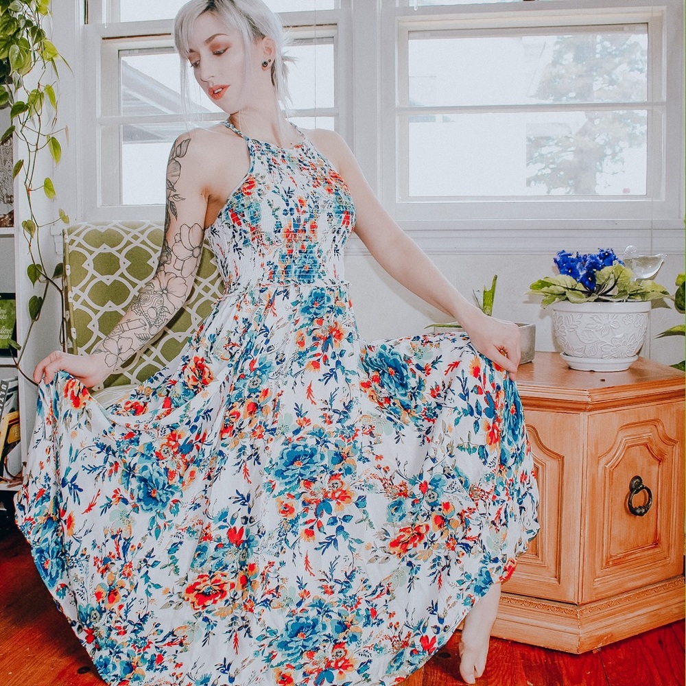 Angie Floral Maxi Dress in Blue and Orange